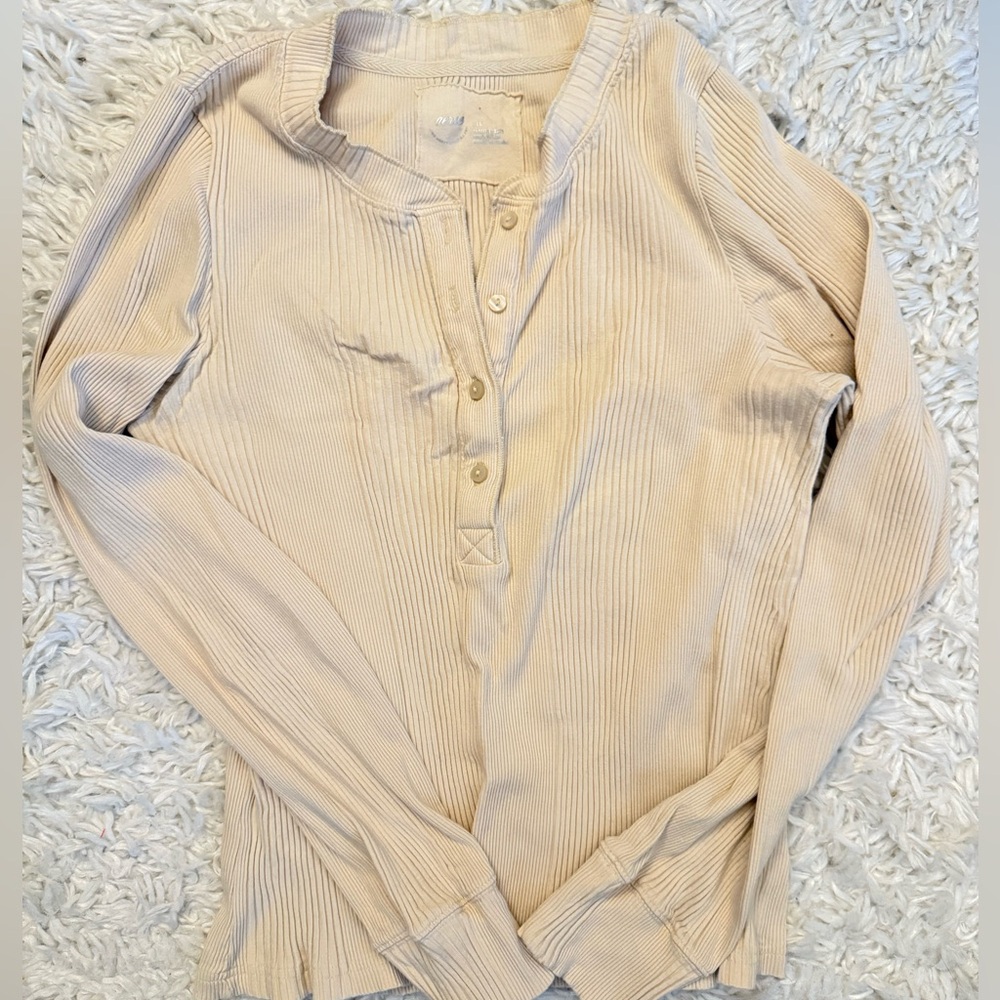 Aerie Beige Ribbed Long Sleeve Henley
